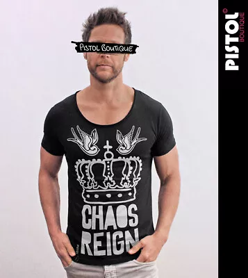 £26.99 • Buy Pistol Boutique Men's Fitted Black Round Scoop Neck CHAOS CROWN SWALLOWS T-shirt