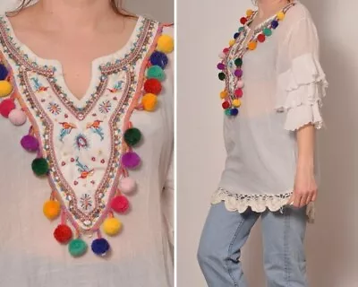 Size 10 12 | White Mexican Style Pompon Shirt Ruffle Tiered Beaded Hippie Blouse • $46