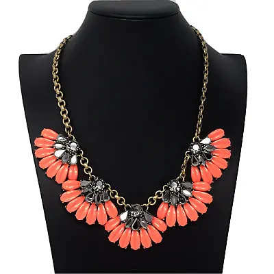 J CREW Statement Necklace Gold Tone Neon Orange Gray Crystal Floral Clusters 21  • $12.50