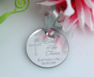 Christening Baptism Mirror Silver Acrylic Round Tags Bomboniere Favours • $28.95