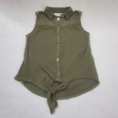 XS Olive Green Rustic Button Up Collared Tank With Tie And Lace • £7.78