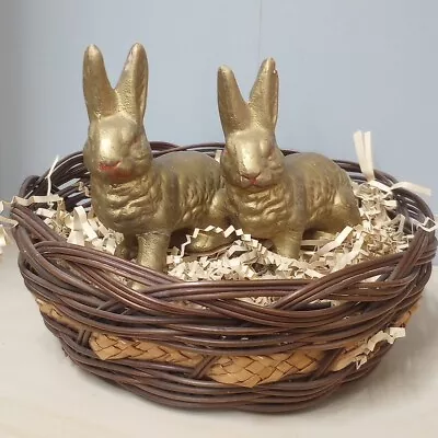 2 Vintage Easter Sitting  Bunny Rabbit Gold  Paper Mache Candy Container  4” • $75