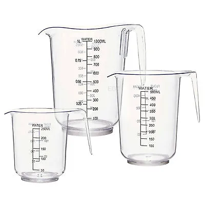 3 Sizes Measuring Jug Clear Plastic Baking Kitchen Set Flour Sugar Water • £7.49