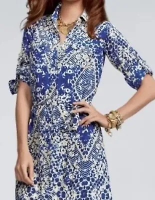 CAbi Blue Jewel Abstract Button Font Shirt Dress 3/4 Sleeve Shirtdress M (R7) • $21.99