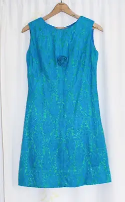 Vintage 60s Nadine Jr Petites Blue Green Floral Brocade Shift Dress Women's S/M • $102.89