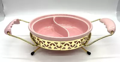 MCM Miramar Of California Pottery #866 Pink Divided Casserole Dish W/Brass Stand • $58