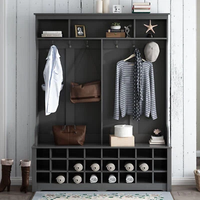 $266.89 • Buy Hallway Coat Rack Entryway Bench With 24 Shoe Cubbies & Metal Black Hooks Black