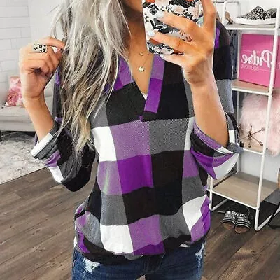 Womens Plaid Check Tunic Shirt Ladies Roll Up Long Sleeve Loose Blouse Tops 6-16 • £11.49