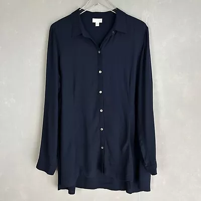 J. Jill Size L Long Sleeve Button Down Rayon Tunic Top Navy Blue Minimalist • $18
