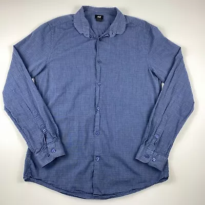 H&M Mens Medium Button Down Shirt Blue Swiss Dot Long Sleeve Office Work Church • $13.47