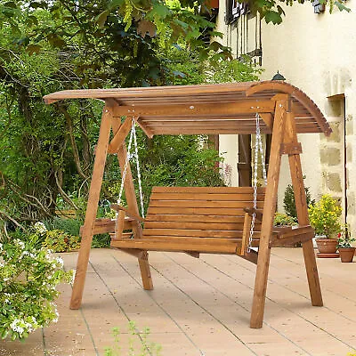 2 Seater Garden Swing Chair Canopy Wooden Swing Bench With Adjustable Shade • £409.99