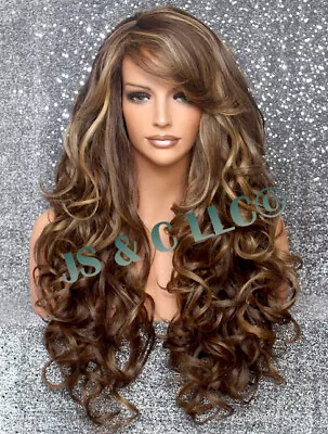 Human Hair Blend Wig Heat OK Curly Long Brown Mix Bangs Layered 8-27-613 WBBT • $89.94