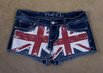 Denim Booty Shorts RUE 21 Vintage Union Jack Thick Bling Stretch Size 7/8 32 X 2 • £12.65