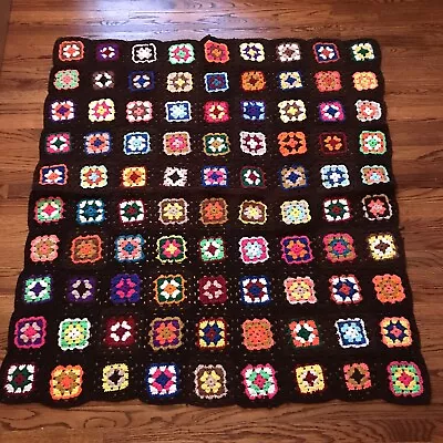 Granny Square Afghan Crochet Handmade Blanket  Approx 54”x52” Vintage Boho • $35