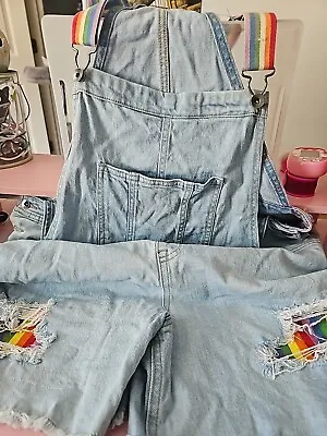 Denim Overall Shorts Women’s XLarge Pride Rainbow Spandex Suspenders C1 • $20