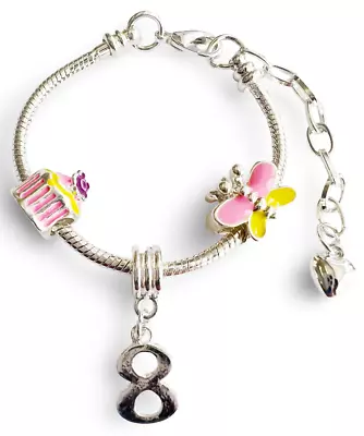 Children's Adjustable 'Happy Birthday To You Age 8' Silver Plated Charm Bracelet • £10.99