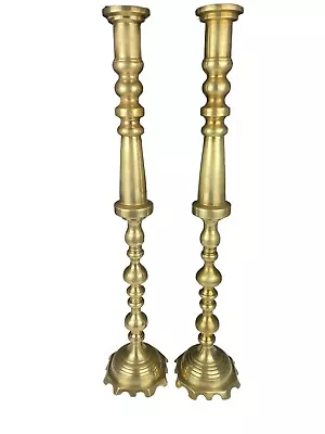 Pair Of Vintage 28 1/4” Large Solid Brass Gold Floor Alter  Candlesticks Marked • $185