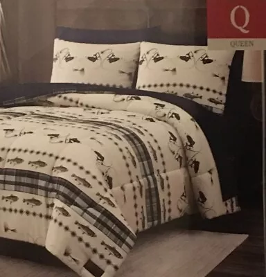 MOSSY OAK FLY FISHING QUEEN 7 PIECE COMFORTER SET & Sheets Fish & Plaid NWT • $84.96