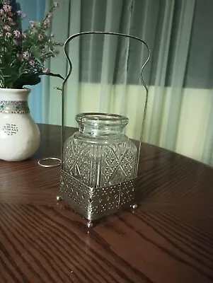 Vintage Pressed Glass Pickle Jar With Metal Holder • $19.95