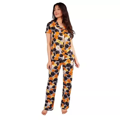 NWT Munki Womens Halloween Pajamas Pants Shirt Black Cat Pumpkin S M L XL XXL 2X • $36.90