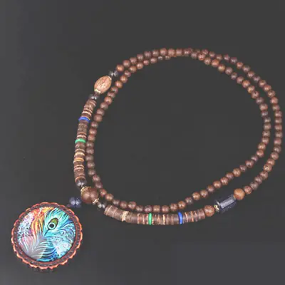 Glass Peacock Feather Pendant Beaded Necklace For Women Wood Beads Ethnic Boho • $14.99