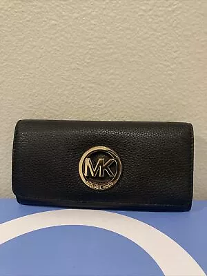 Michael Kors Black Fulton Pebble Leather Large Flap Over Wallet Multi Pocket • $95