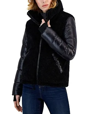 NEW S13 Women's Westside Mixed-media Puffer Coat In Black - Size L #C4176 • $79.99