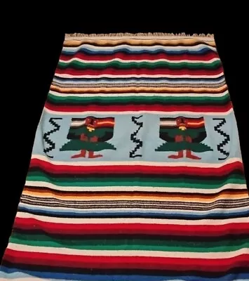 VTG 1960s Mexican Wool Double Side Blanket Zapotec Aztec Brilliant Colors 74×44 • $45