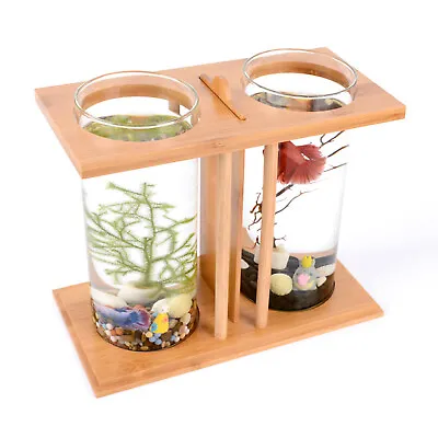 Glass Betta Fish Tank Bamboo Base Mini Aquarium Fish Tank For Desktop • $20.90