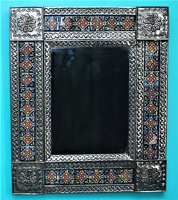 TALAVERA MEXICAN FOLK ART WALL MIRROR TIN MOSAIC GLAZED TERRACOTTA TILE 25 X 21 • $155