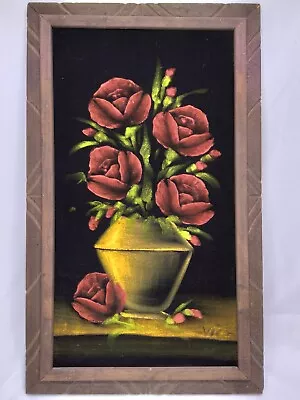 Vintage Signed Vic Oil Painting On Black Velvet Floral Roses Vase Table 70s  • $49.97