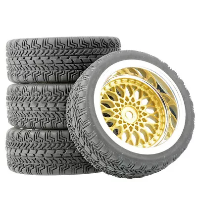 4Pcs 1:10 RC Tires & Gold Wheels Rims 12mm Hex For HSP HPI On Road Car Tyres • $15