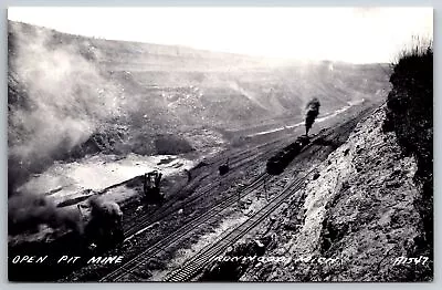 Ironwood Michigan~Open Pit Mine~Railroad~Train~1940s RPPC • $13