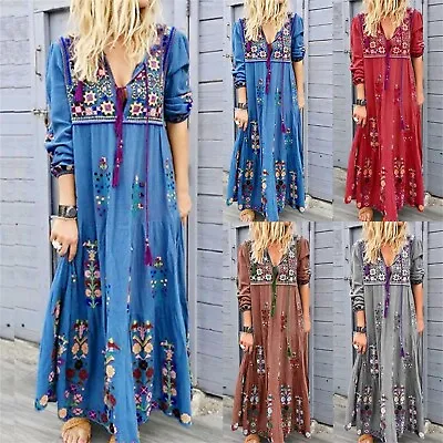 $33 • Buy Women Plus Size V Neck Print Lace Up Long Sleeve Boho Dress Party Maxi Dress
