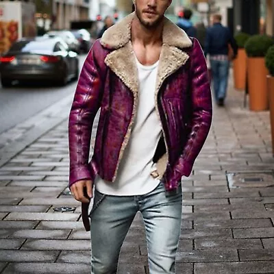 Men Personality Street Retro Plus Velvet Solid Motorcycle Washed Leather Jacket • $59.69