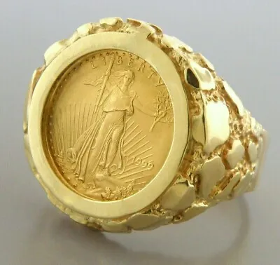 Men's 20 Mm Coin American Eagle Nugget Engagement Ring 14K Yellow Gold Plated • $502.74