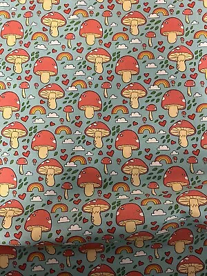 2.5 Metres Kawaii Toadstool & Rainbow Printed 100% Cotton Fabric. • £12.50