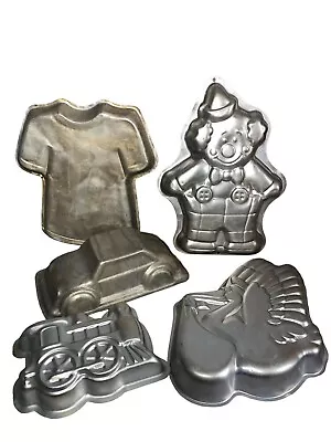 Vintage Cake Tin Pan Bundle By Wilton Car Clown Tshirt Pelican Train Set Of 5 • £24.99