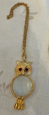 Vintage Gold Tone Owl Magnifying Glass 4.25  Necklace & 20  Chain 95grams Total • $12
