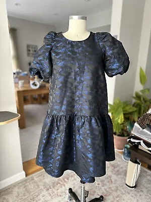 Zara Womens Blue Black Balloon Short Sleeve Camo Midi Tiered Dress Sz XS • $45