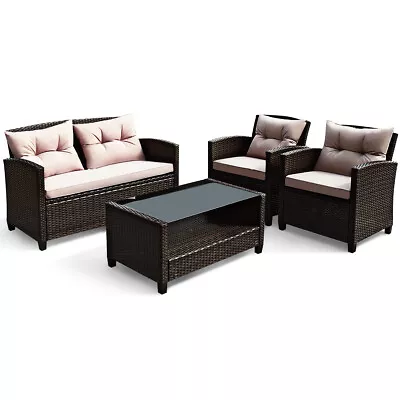 Patiojoy 4PCS Patio Rattan Furniture Set Cushioned Sofa Armrest Table W/ Shelf • $439.50