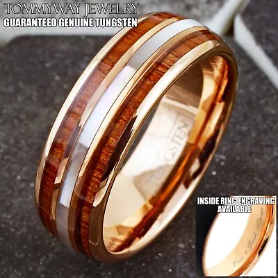 Engraved 8mm Rose Gold Plated Tungsten Mother Of Pearl & Wood Wedding Band Ring • $16.99