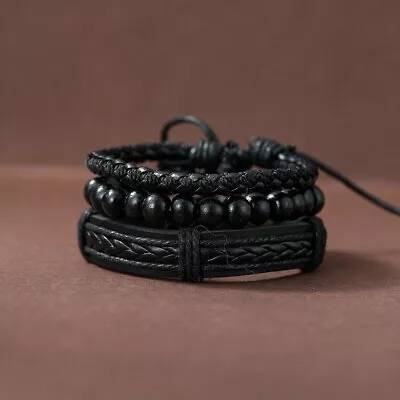 Mens Braided Surfer Wristband Leather Bracelet Bangle Wrap Wristband Set UK. • £3.99