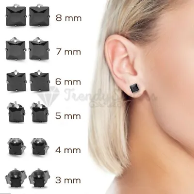 £3.45 • Buy Men Women Classic Punk Black Diamond Cut Cubic Zircon Silver Stud Earrings 3-8MM