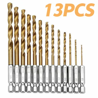 13x Titanium Coated HSS Steel Drill Bits Metal Wood Plastic 1/4'' Hex Shank Tool • £4.59