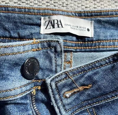 Zara The Marine Straight Jeans Size 10 Blue Denim Wide Leg High Waist Raw Hem • $23