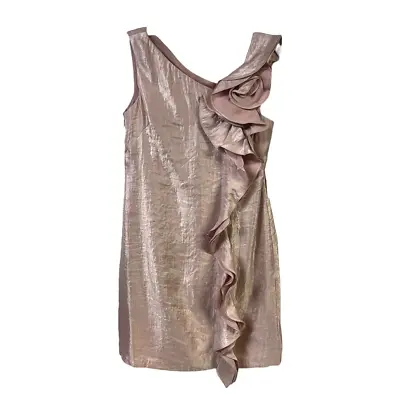 Maggy L Womens Sheath Dress Pink Metallic Ruffle Rosette Sleeveless Mini 4 New • $34.99