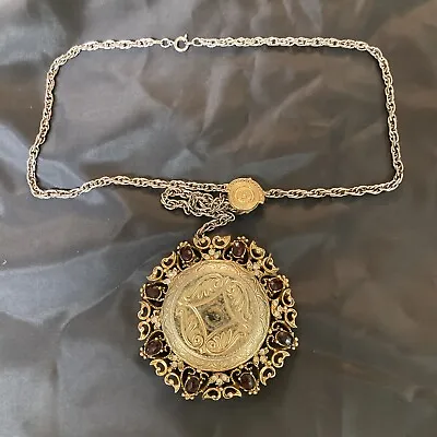Vintage Large Florenza Jeweled Gold Tone 2 1/2  Locket Pendant 24  Necklace • $38