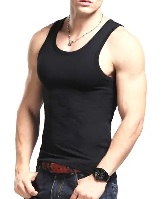 3-6 Mens 100% Cotton A-Shirt Tank Top Ribbed Undershirt Wife Beater Black Muscle • $11.95