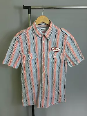 Moschino Jeans Button Down Collared Shirt Short Sleeve Chest Patch Striped Sz L • $100